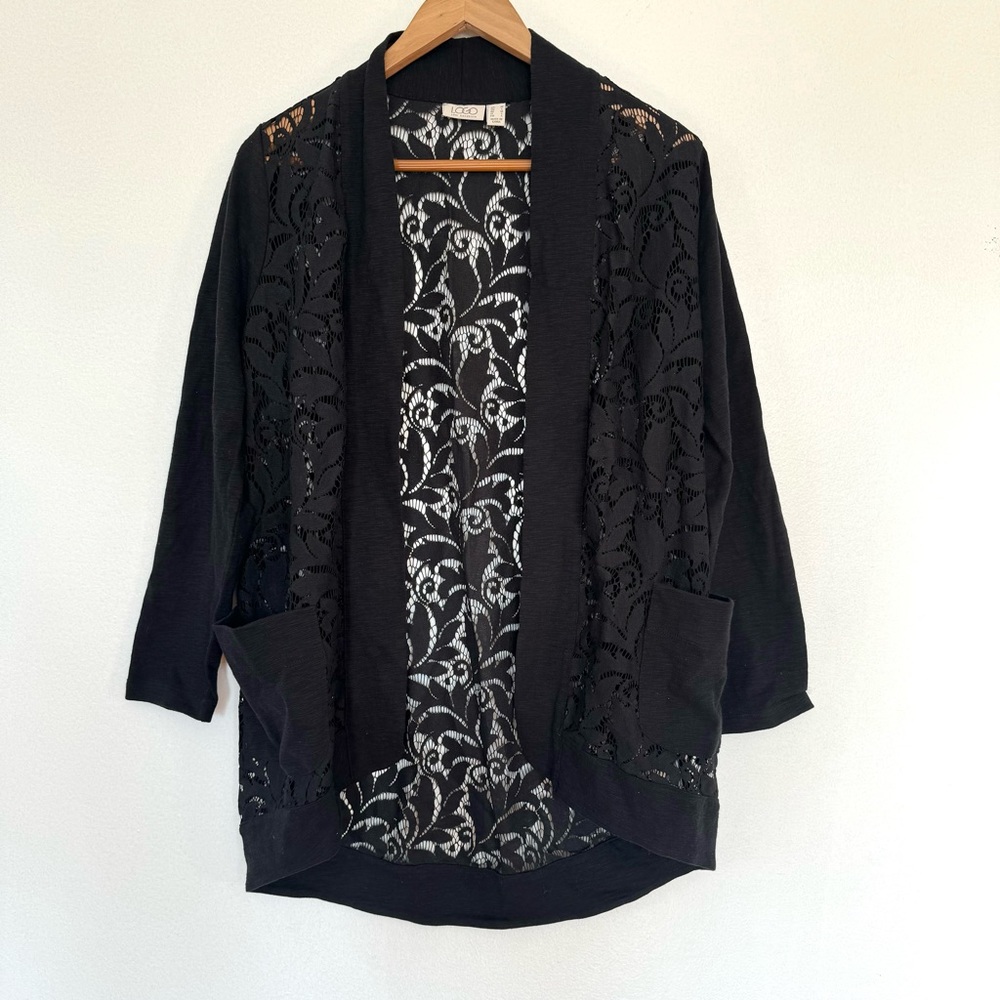 LOGO by Lori Goldstein Lace Open Front Slub Cardigan Sweater Sz M - Picture 2 of 13